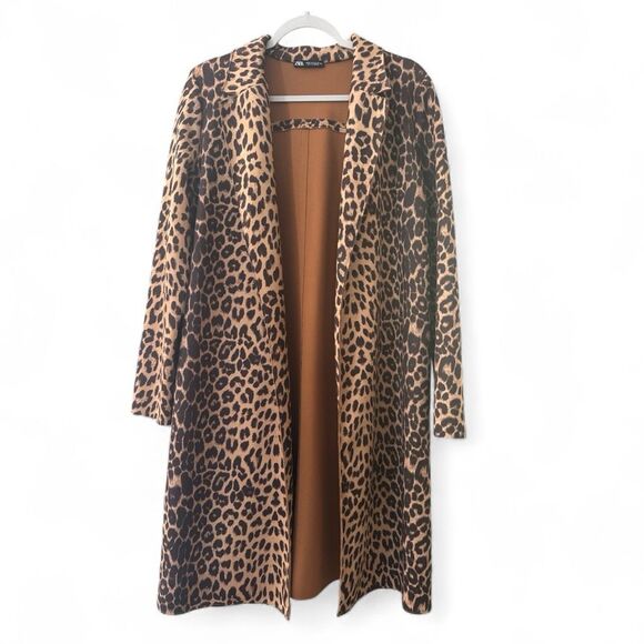 Zara Women's Open Front Leopard Print Notched Lapel Jacket Coat Tan Brown Medium - Picture 1 of 6